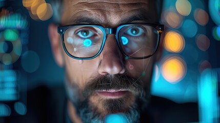 Intense gaze of a data scientist scrutinizing advanced digital data patterns reflected in glasses.