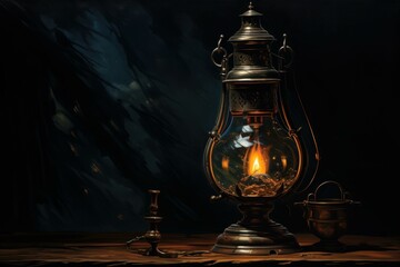 Fototapeta na wymiar Antique Oil lamp dark interior. Fire night nature light candlestick. Generate Ai