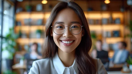 Foto op Plexiglas Smiling young Asian businesswoman wearing glasses in a modern office setting, embodying professionalism and confidence. © Rattanathip