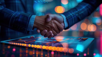 Two business professionals sealing a deal with a firm handshake over a glowing digital tablet displaying futuristic graphs.