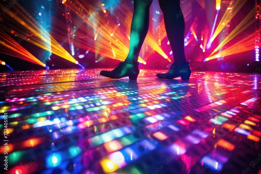 Poster a person standing on a dance floor with vibrant, colorful lights. this image can be used to capture 