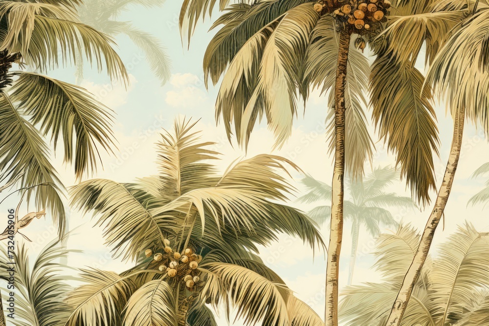 Poster a painting featuring palm trees and birds on a sunny day. this picture can be used to add a tropical