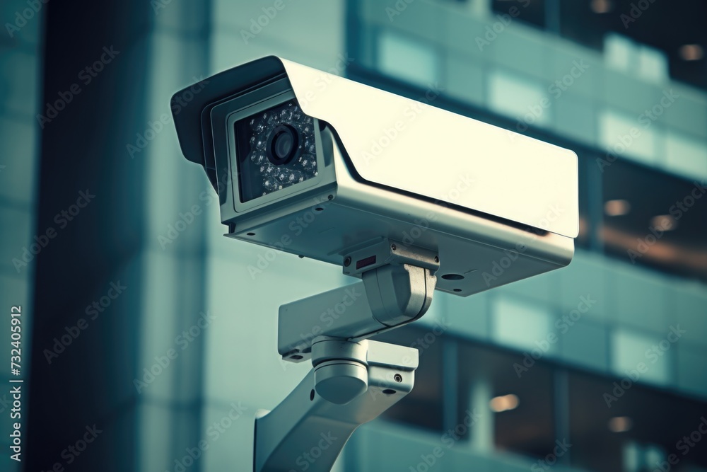 Poster a camera mounted on a pole in front of a building. ideal for surveillance and security purposes