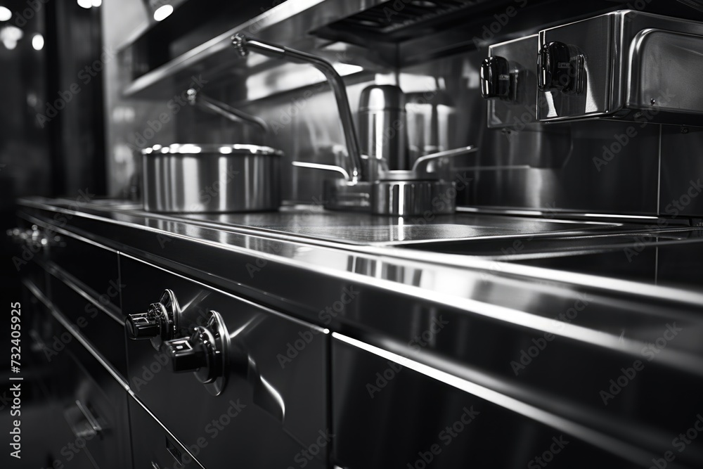 Poster a black and white photo showcasing a kitchen. this versatile image can be used for various design pr