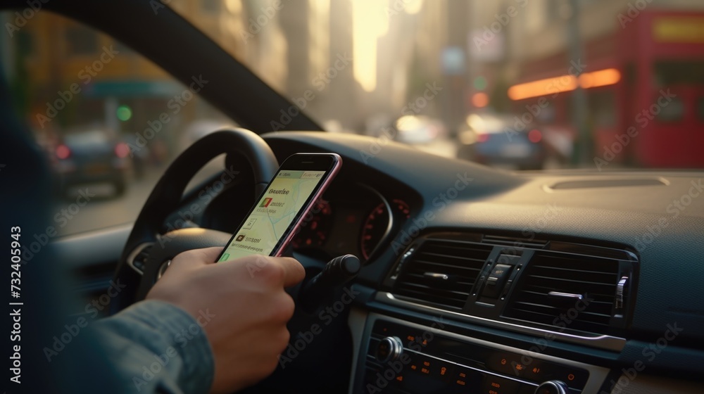 Poster a person is seen using a cell phone while driving a car. this image can be used to highlight the dan
