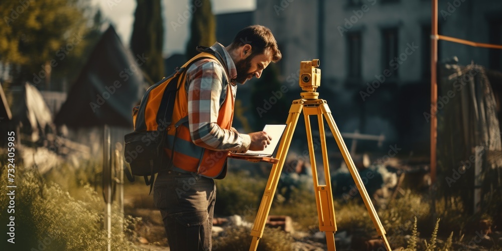 Poster a man wearing an orange vest is using a tripod. this versatile image can be used to depict photograp