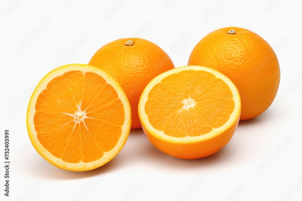 Aufkleber A group of oranges cut in half resting on a white surface. Perfect for food-related projects and recipes