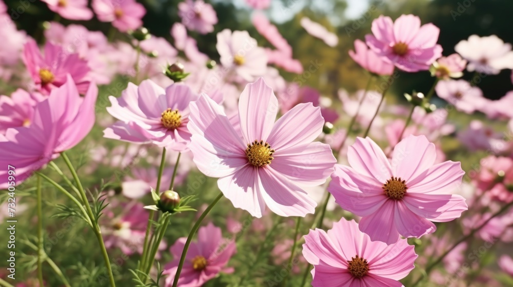 Poster a beautiful field of pink flowers basking in the warm sunlight. perfect for adding a touch of nature