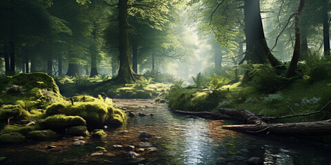 Beautiful Nature forest with green plants light shining stream woods stream running through with lake green background