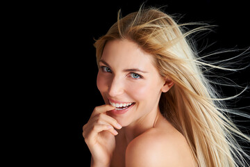 Beauty, hair and happy portrait of woman with wind, straight hairstyle and keratin treatment...