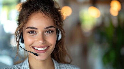 A young, approachable call center employee with a headset smiles warmly, providing excellent customer support and service.