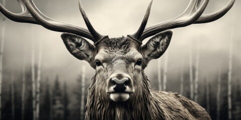 A black and white photo of a deer with antlers. Suitable for nature enthusiasts and wildlife lovers - obrazy, fototapety, plakaty