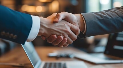 Two business executives in a firm handshake, sealing a deal with a sense of mutual respect and agreement in a professional setting. - obrazy, fototapety, plakaty