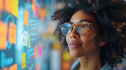 A creative professional stands before a vibrant brainstorming board, contemplating project ideas, immersed in strategic planning and innovation.