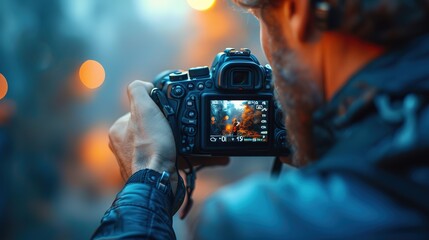 Over-the-shoulder view of a photographer taking a picture of a stunning autumn landscape, with the scene focused in the camera's display.