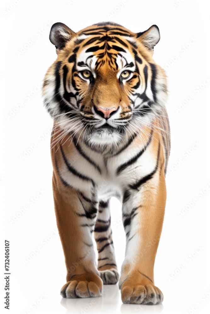 Poster a tiger standing in front of a plain white background. this image can be used for various purposes