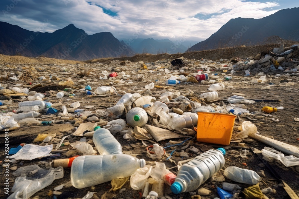 Poster a pile of plastic bottles and other garbage on a beach. suitable for environmental and pollution-rel
