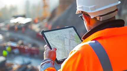 Back view of a construction worker in a high-visibility vest using a tablet with a map on the screen at a busy construction site.