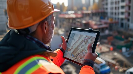A construction engineer in a safety helmet and reflective vest examines building plans on a digital tablet at a high-rise construction site. - obrazy, fototapety, plakaty