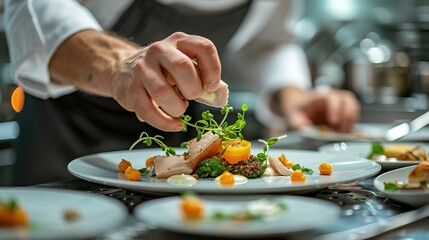 Obraz na płótnie Canvas A chef in a professional kitchen meticulously adds a finishing touch to a gourmet plate with delicate garnishes, demonstrating culinary artistry.