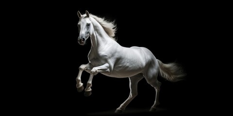 Naklejka na ściany i meble A white horse is captured galloping in the dark. This image can be used to depict strength, freedom, and the beauty of nature