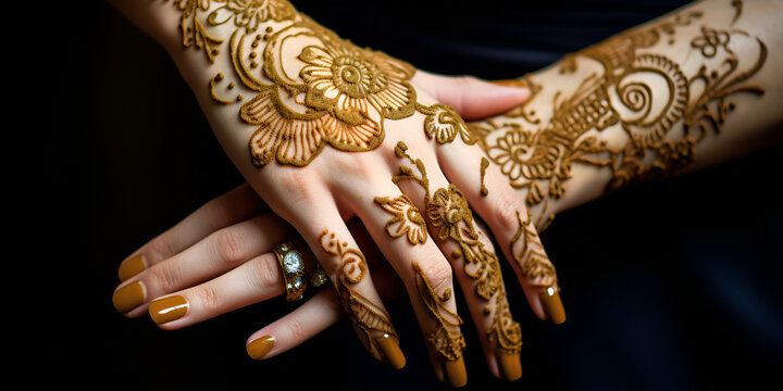 Elegant bride hand adorned with ornate multi colored jewelry and  Henna tattoo on the hand of a young bride in a wedding dress.