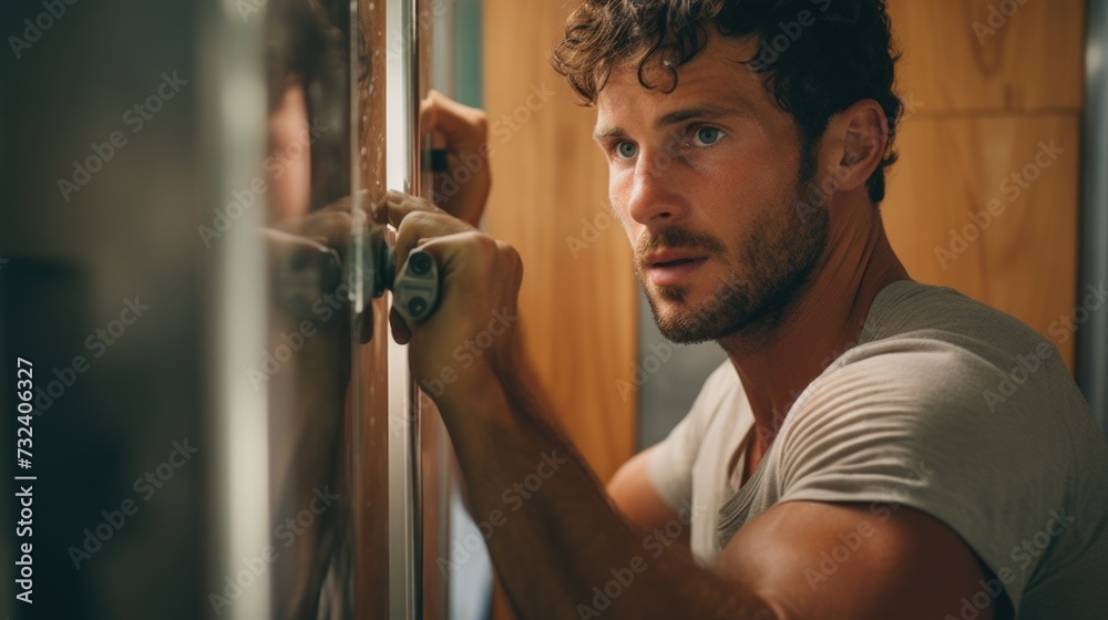 Poster A man in a gray shirt looking directly at the camera. Suitable for various uses