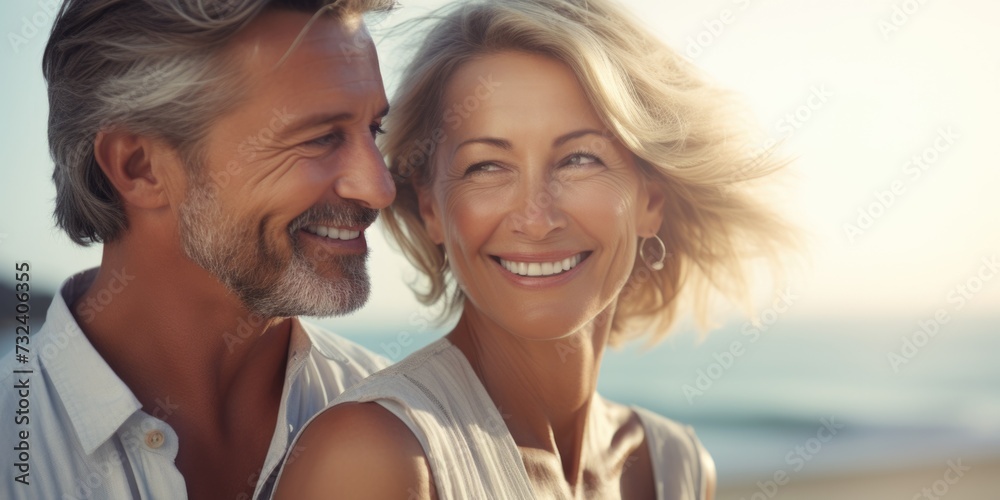Poster a picture of a man and a woman smiling at the camera. suitable for various uses