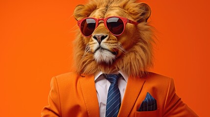 Lion wearing sunglasses and a suit standing against an orange background. Perfect for fashion, cool vibes, or animal-themed designs