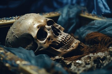 A detailed close-up of a skull resting on a cloth. This image can be used to depict themes of Halloween, horror, or macabre.