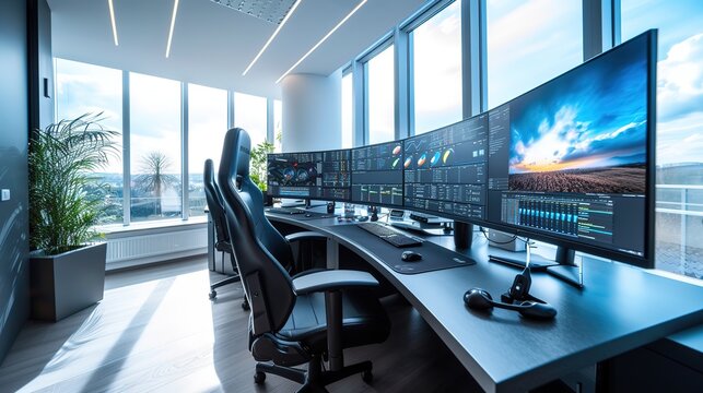 Spacious trading floor with an ergonomic chair and multiple screens displaying data analytics, set against a backdrop of a bright, clear day.
