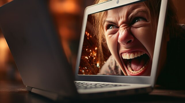 A woman is captured in a moment of intense frustration as she screams in front of her laptop. This image can be used to depict stress, technology issues, or work-related frustration