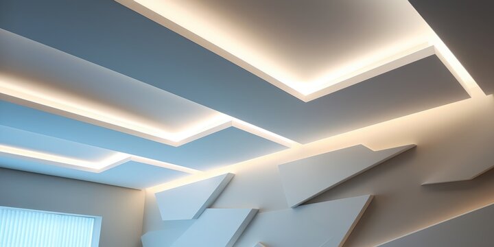 A room with a ceiling that has lights. Can be used to depict a modern interior or a well-lit space