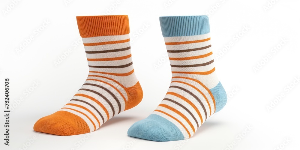 Poster a pair of socks with vibrant orange, white, and blue stripes. perfect for adding a pop of color to a