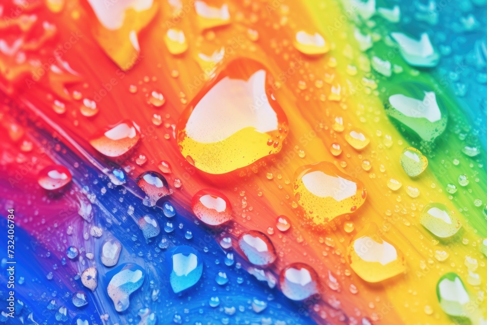 Poster water droplets on a rainbow colored background. can be used for nature-themed designs or as a backgr