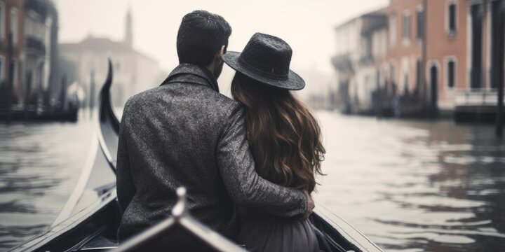 A man and a woman are seen riding in a gondola. This image can be used to depict a romantic scene or a tourist experience in Venice