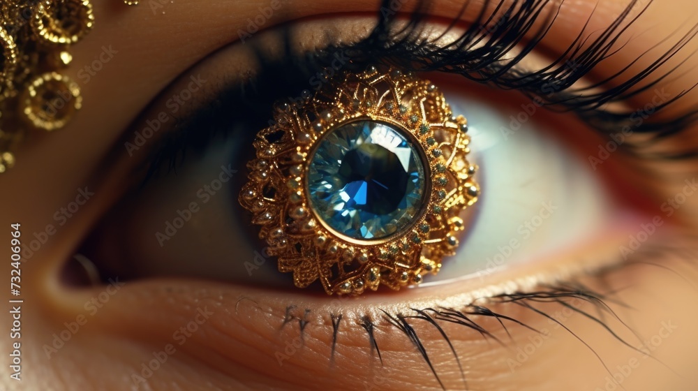 Poster a close-up view of a person's eye with a ring on it. this image can be used to symbolize love, commi