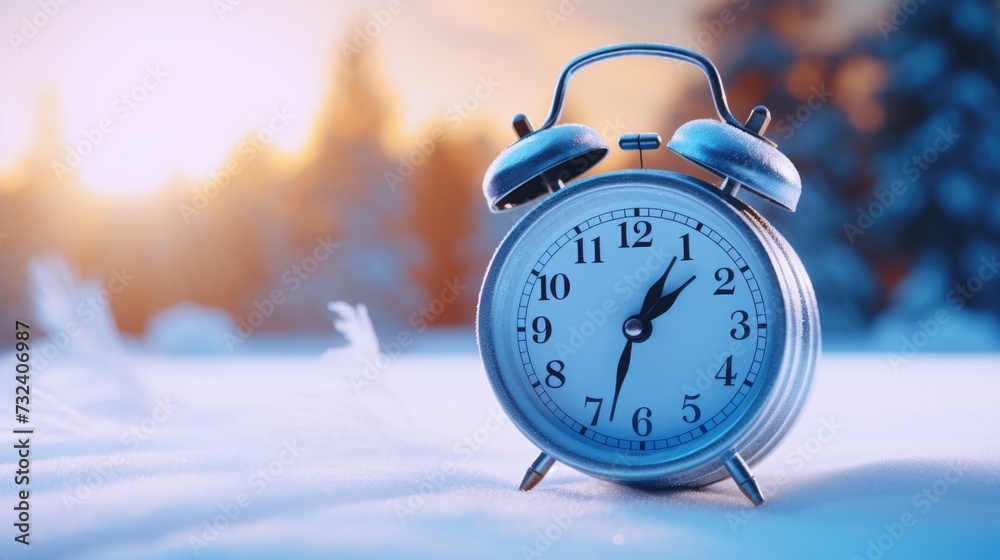 Poster an alarm clock sitting on top of a snow covered ground. perfect for illustrating the concept of waki