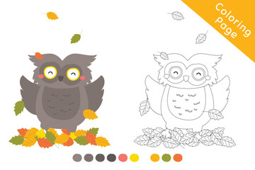 Owl happily playing with autumn leaves, black and white outline cartoon vector for coloring page. Printable coloring page template cartoon vector.