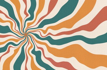Groovy retro 70s style backgrounds with swirl burst, waves, twisted pattern, and grain paper textures. Vintage wallpaper, template, poster, print, backdrop. Abstract and aesthetic.