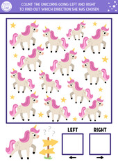 Unicorn logic game with right and left concept for kids. I spy searching, counting activity with cute horse with horn. Fairytale printable space orientation worksheet. Simple spotting puzzle