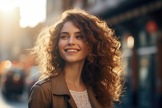 A woman with long curly hair standing on a city street. This image can be used to depict urban lifestyle or fashion