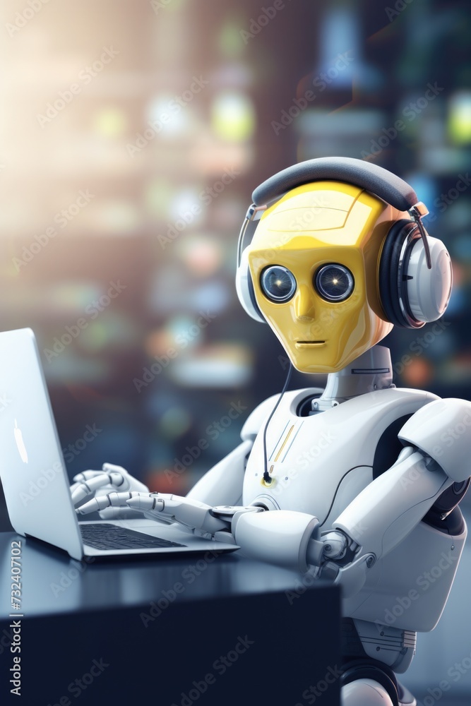 Leinwandbilder robot sitting at a desk with a laptop. suitable for technology and artificial intelligence concepts