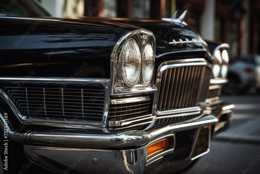 Poster a close up view of the front of a black car. suitable for automotive industry websites or car-relate