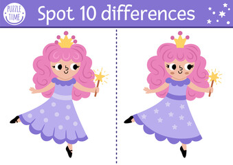 Unicorn find differences game for children. Fairytale educational activity with fairy girl holding magic wand. Cute puzzle for kids with funny fantasy character. Printable worksheet, page.
