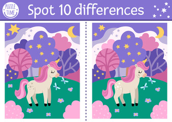 Obraz premium Unicorn find differences game for children. Fairytale educational activity with horse with horn, magic forest, night landscape background. Cute puzzle for kids with funny fantasy character.