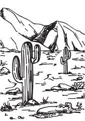Sketch of the desert of America with cacti. Summer cactus on desert. Prairie landscape. Arizona vector artwork. Hand drawn ink sketch vector illustration. - obrazy, fototapety, plakaty