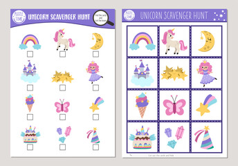 Vector unicorn scavenger hunt cards set. Seek and find game with cute fairy, castle, rainbow for kids. Fairytale searching activity. Simple magic or fantasy world educational printable worksheet .