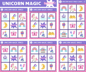 Vector unicorn bingo cards set. Fun family lotto board game with cute fairy, castle, rainbow for kids. Fairytale lottery activity. Simple magic or fantasy educational printable worksheet