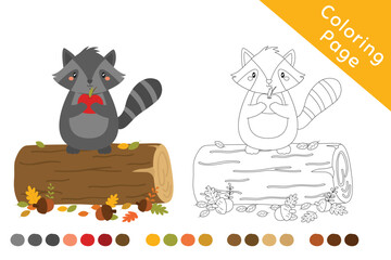 Raccoon on top of a tree log holding a red apple, black and white outline cartoon vector for coloring page. Printable coloring page template cartoon vector.
